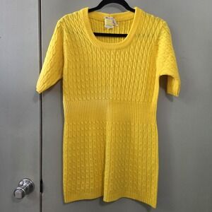 Mindfully Mended Vtg 70s Sweater M Canary Yellow Cable Knit Babydoll Y2K Twee